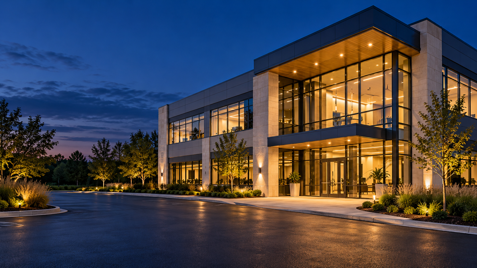 Commercial building at dusk